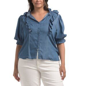 GIVEN KALE Blue Plus Shirt With Ruffle Accents